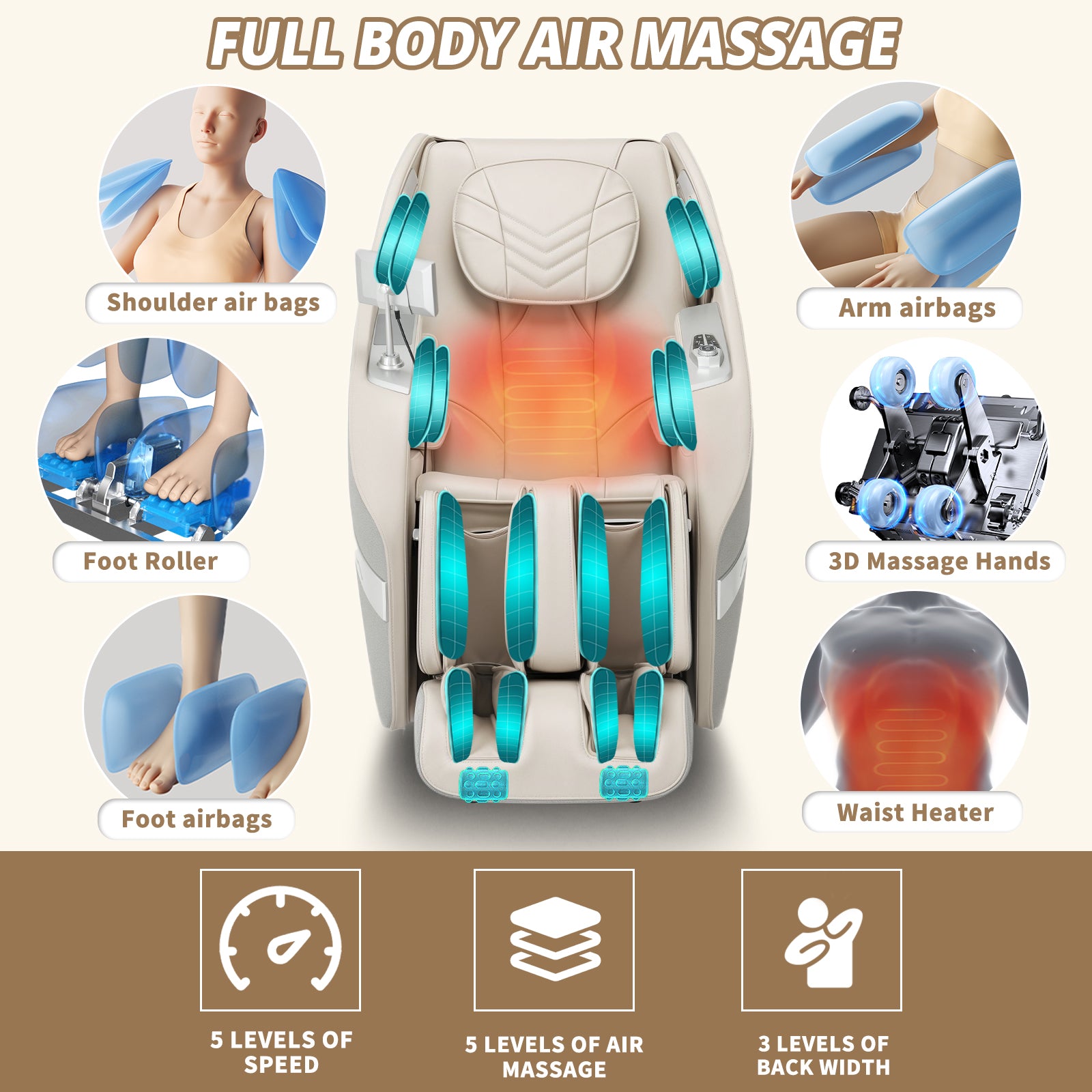 HealthRelife 3D Massage Chair Full Body Recliner - Zero Gravity with Heat, 12 Auto-Massage Modes, Shiatsu Foot Massage, with 55“ SL-Track,28 Airbags Massage, Foot Rollers, (Beige)